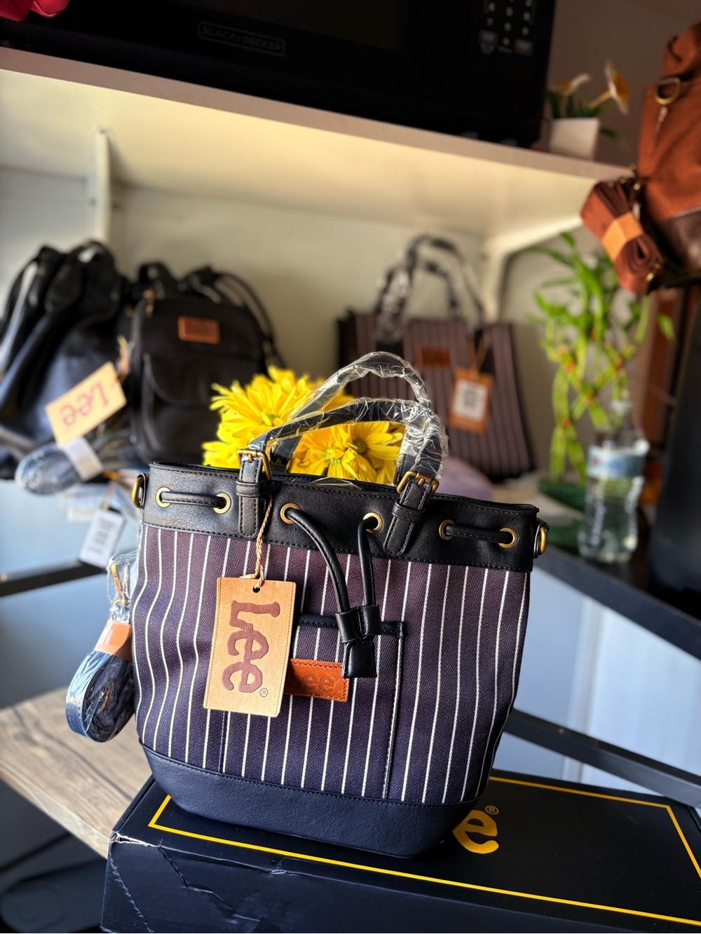 Lee Navy Pinstripe Bucket Tote with Black Trim and Gold Hardware